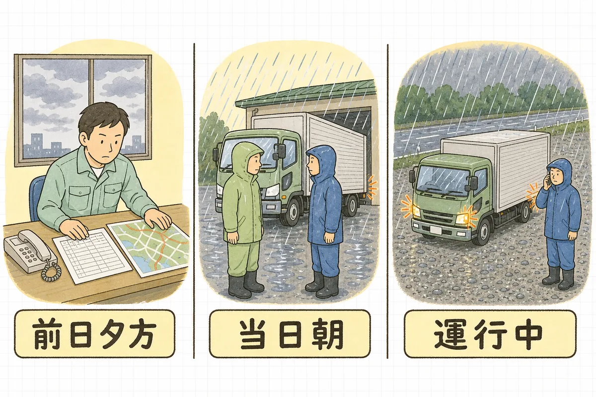悪天候時の収集運搬の判断を、前日夕方の配車検討・当日朝の車庫での確認・運行中の停車判断の3つの場面で並べた図