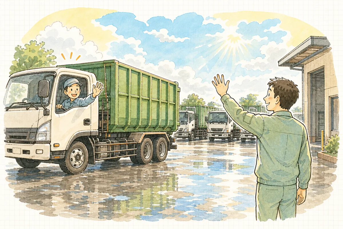 台風が過ぎた翌朝、晴れ間の下で遅れた分の回収に出発するトラックを見送る産廃収集運搬会社の担当者たち