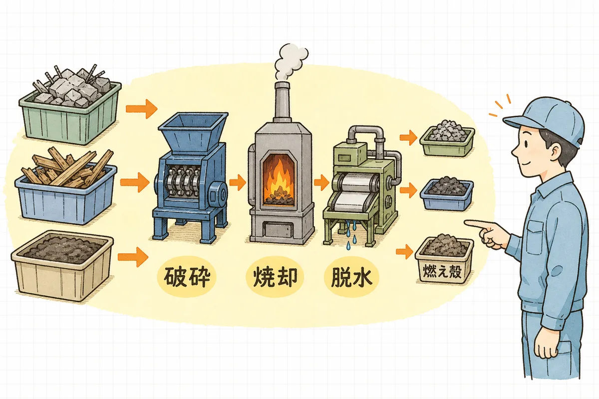破砕・焼却・脱水の処理を通ると、残渣の産業廃棄物の種類が変わることを示した図