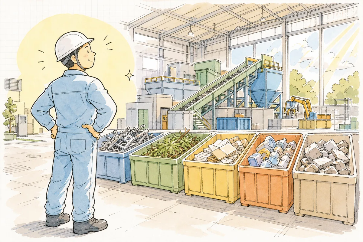 残渣の行き先が整理され、片づいた中間処理施設を見渡して穏やかに一息つく産廃の現場担当者