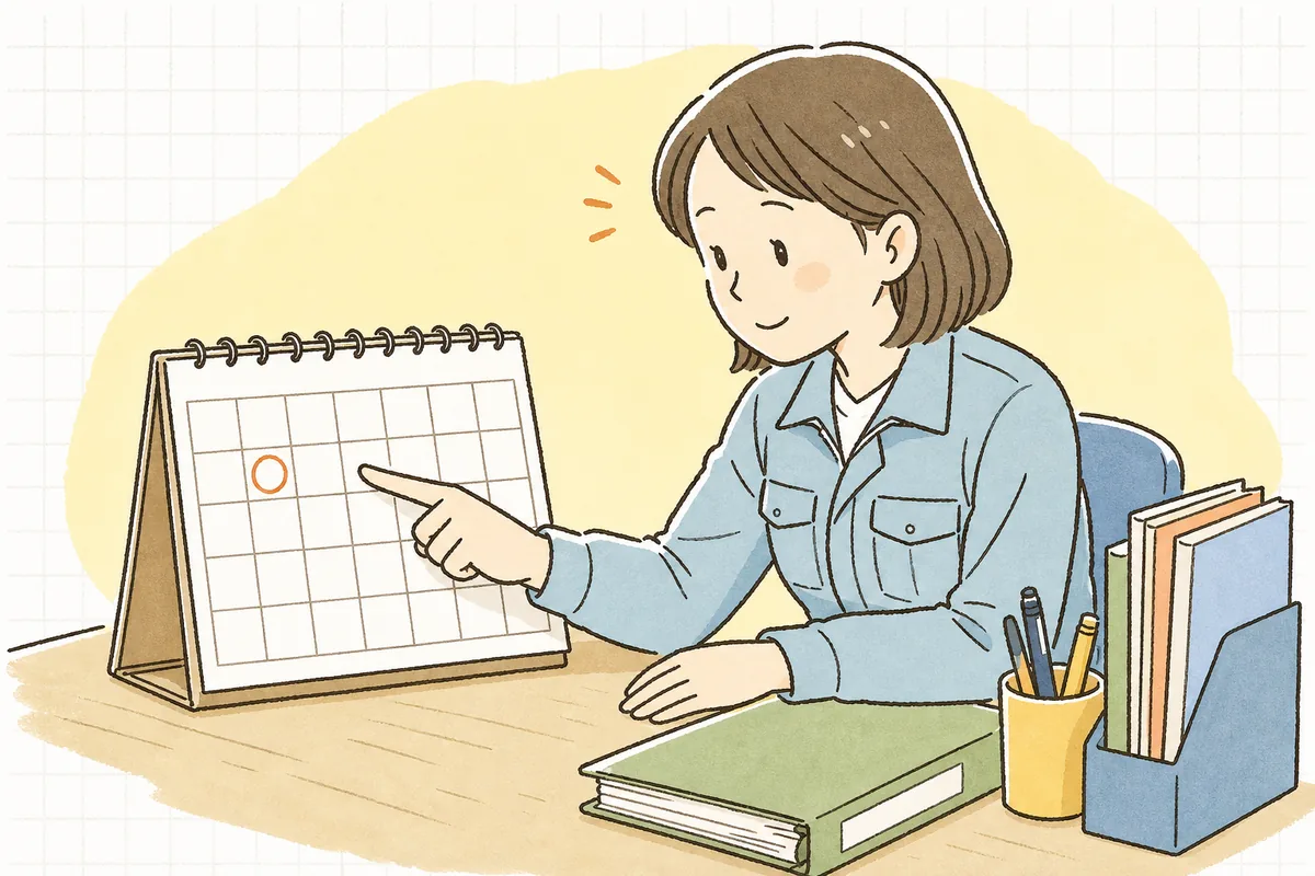 卓上カレンダーの引き渡し日に印をつけ、翌日から指で日数をたどる産廃の事務担当者