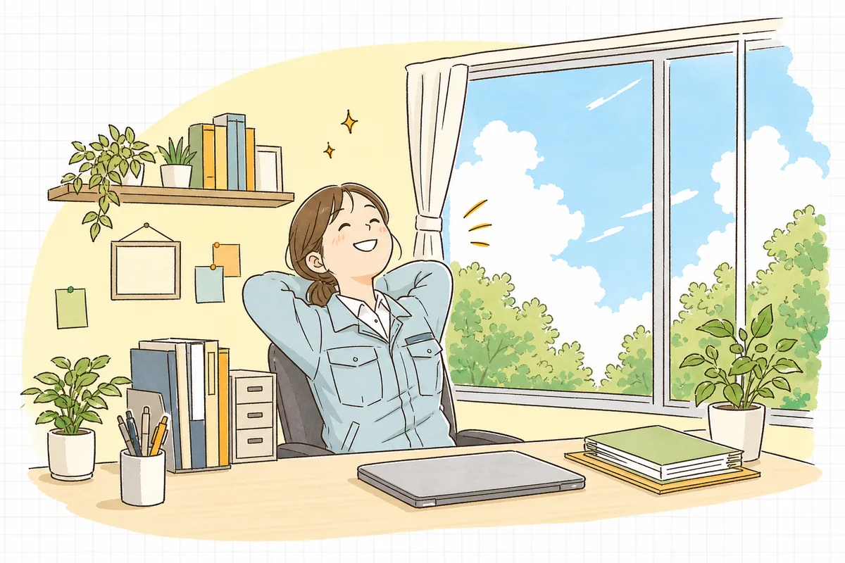 登録を期限内に終え、窓の外の晴れた空を見上げてほっと一息つく産廃の事務担当者