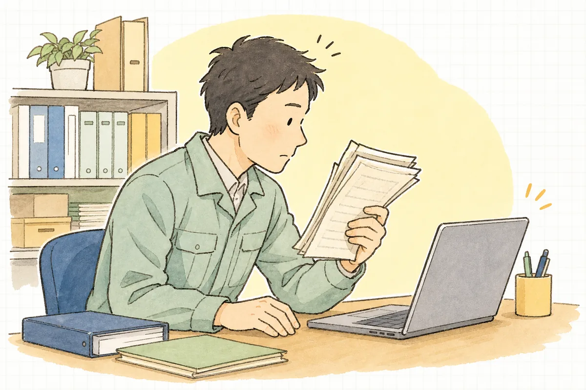 事務所のデスクで、紙のマニフェスト控えとパソコンのJWNET画面を見比べながら「うちは義務化の対象だろうか」と考え込む産廃実務担当者
