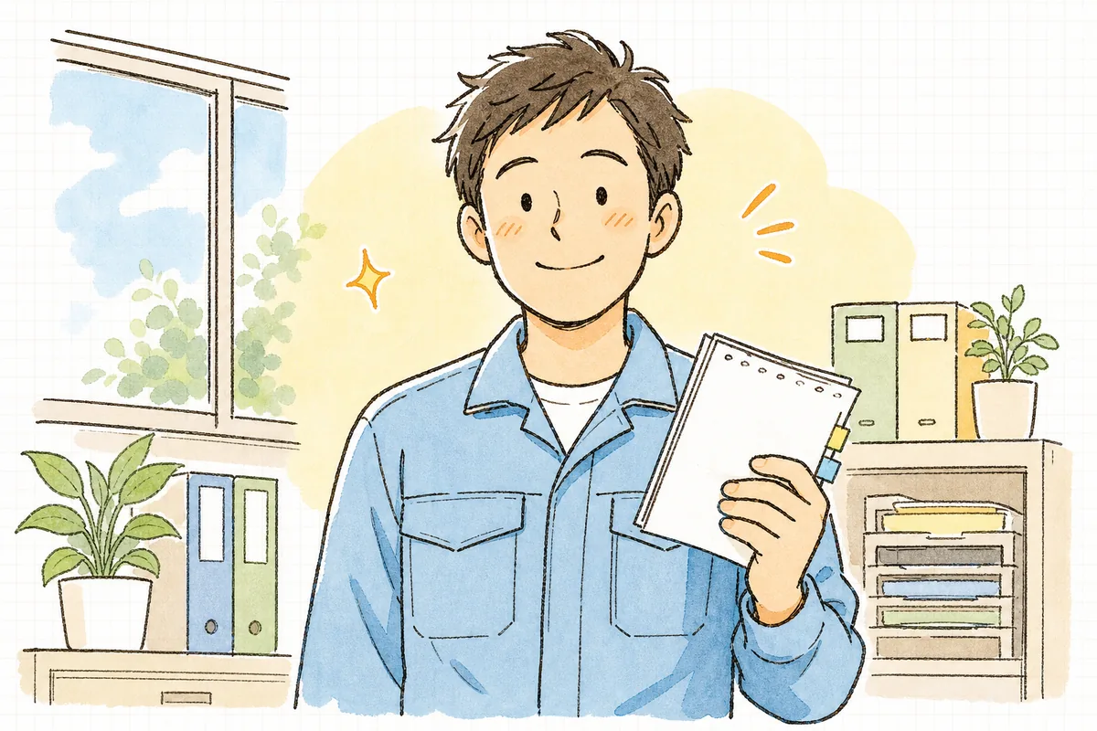 対象かどうかの確認を終えて表情がやわらいだ産廃実務担当者が、整理したメモを手に前向きな気持ちで一息ついている事務所の場面