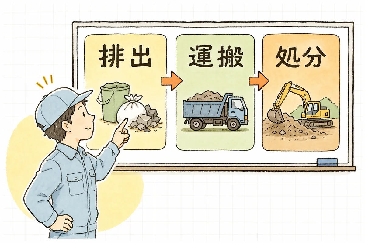排出・運搬・処分と役割がつながった登録の流れのボードを指し示し、自分の担当を確かめる産廃の現場担当者
