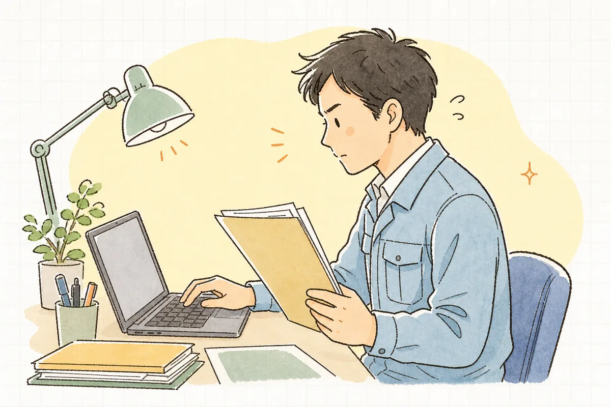 紙の書類フォルダとノートパソコンの画面を見比べ、電子マニフェストへの切り替えに向き合う産廃の現場担当者