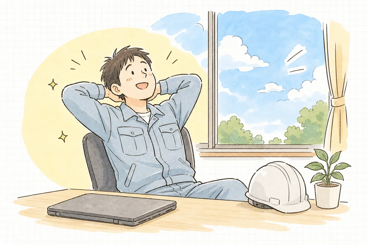 電子マニフェストの登録を終え、窓の外の青空を見上げてほっと一息つく産廃の現場担当者
