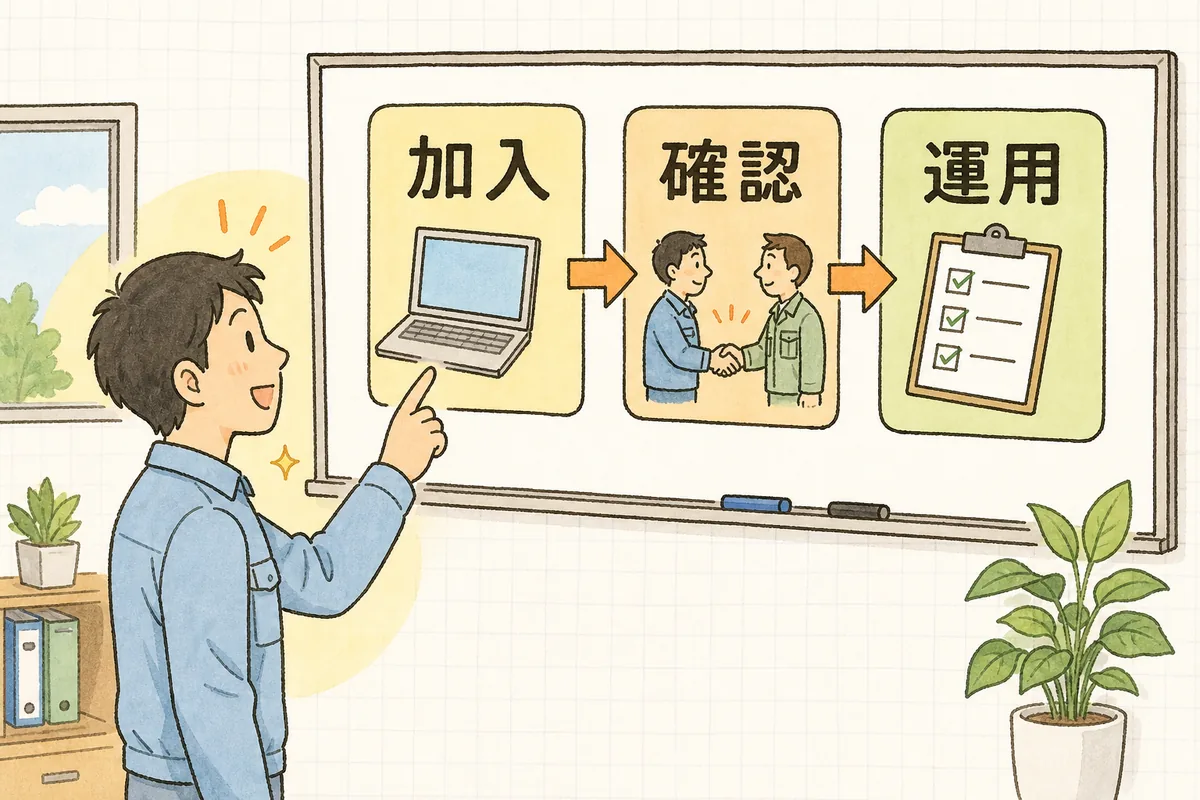 加入・確認・運用という3つの段階が左から右へ並ぶ電子マニフェスト切り替えの流れを指でたどる産廃の現場担当者
