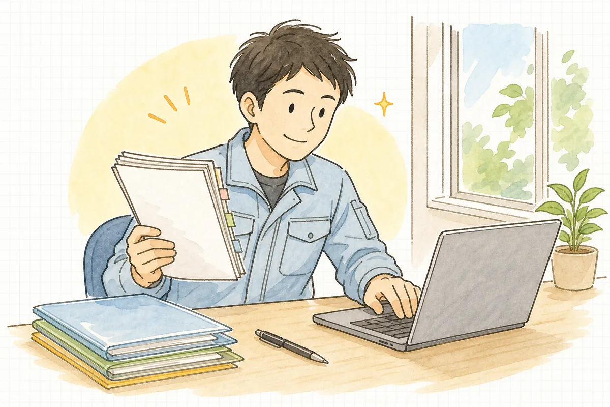 机の上で紙のマニフェスト控えとパソコン画面を見比べ、電子化への切り替えを考え始める産廃の現場担当者