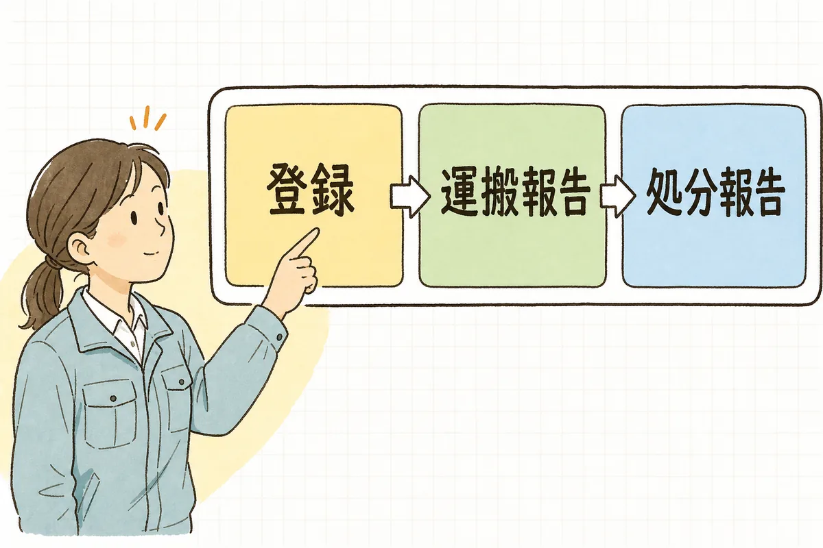 登録・運搬終了報告・処分終了報告の流れを見て、今どの段階まで進んでいるかを確かめる産廃の事務担当者