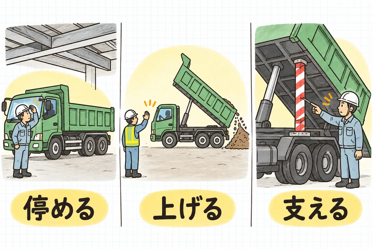 ダンプの荷卸しを、停める・上げる・支えるの3つの場面に分けて並べた図