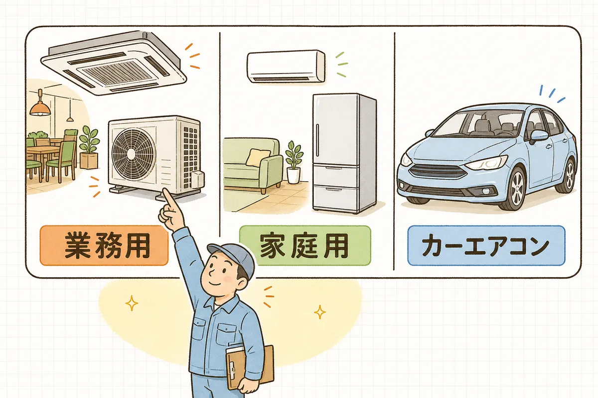業務用エアコン・家庭用エアコン・カーエアコンで、廃棄するときの行き先の法律が分かれることを示した3列の図