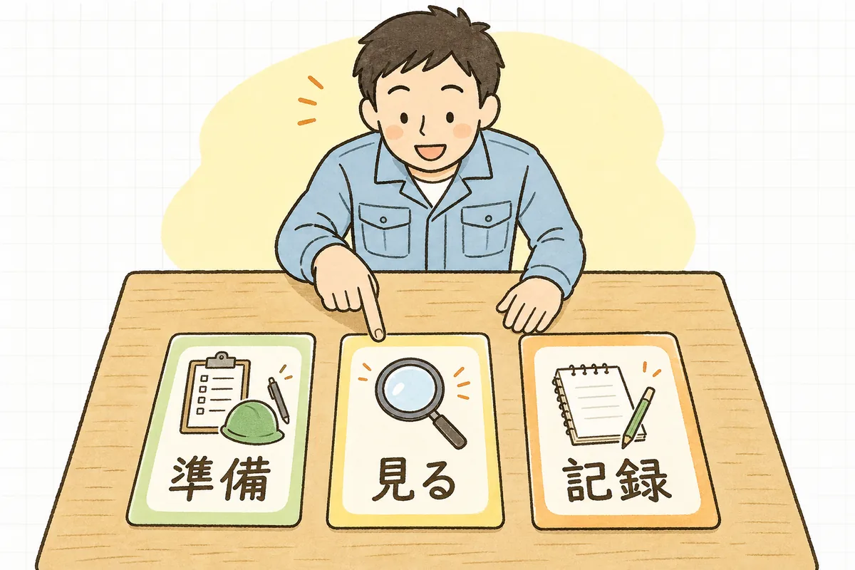 準備・現地で見る・記録に残すという3つの段階を左から順にたどる排出事業者の担当者