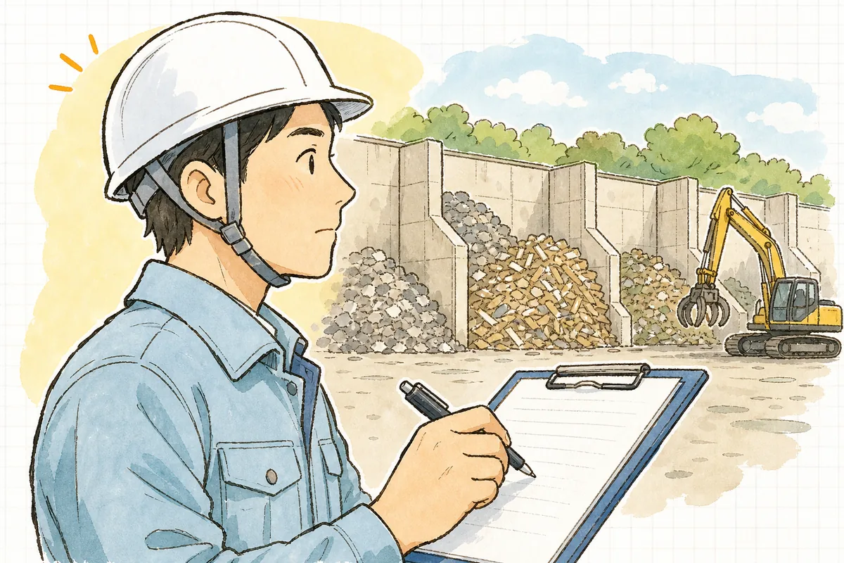 委託先の処理施設を訪れ、保管の様子を見ながら手元のバインダーに確認メモを取る排出事業者の担当者