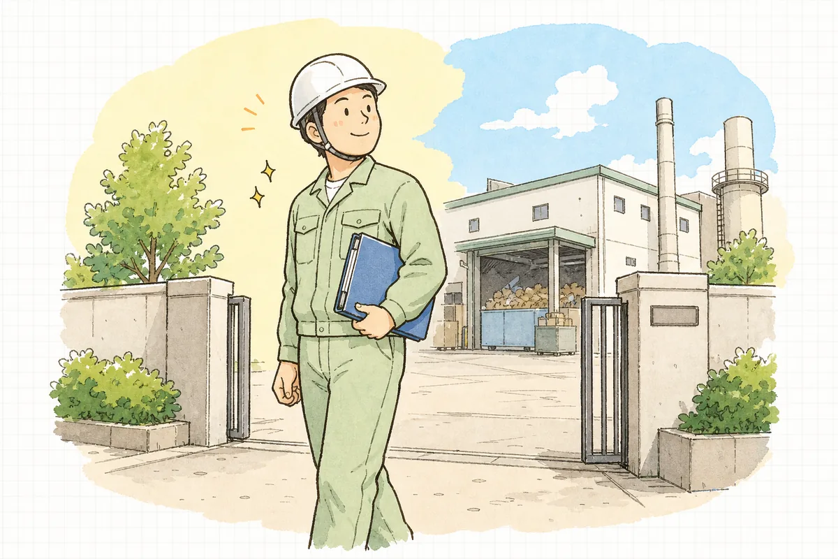 現地確認を終えて施設を後にしながら、やり終えた穏やかな表情を見せる排出事業者の担当者