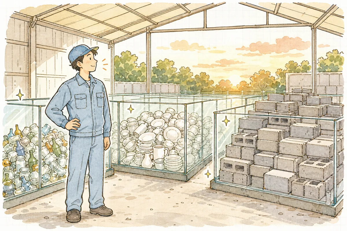 素材ごとに整った置き場を背に、片づいた現場を見渡して穏やかにほほえむ作業着姿の担当者