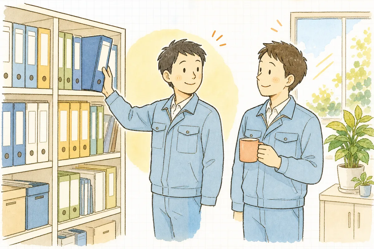 グループ会社との委託契約書を整え終えて、ファイルを棚に戻しながら同僚と穏やかに話している産廃の担当者