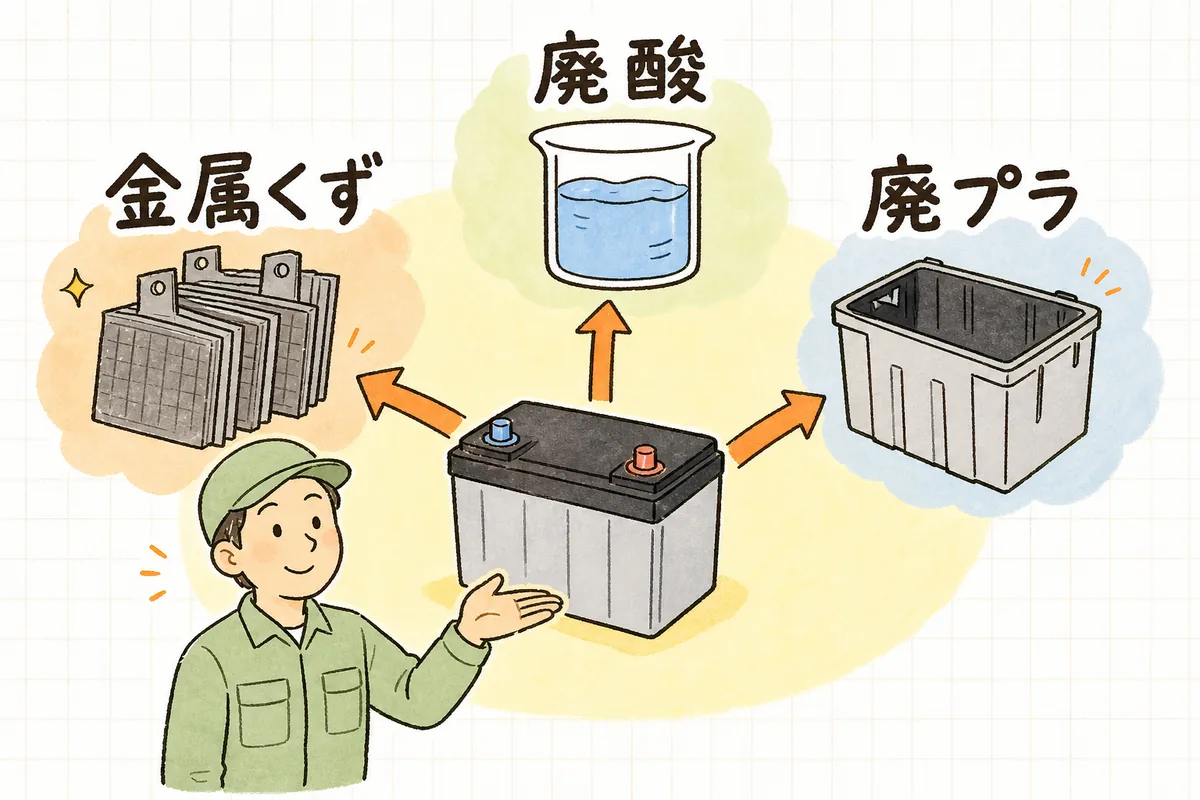 廃バッテリーを分解して、鉛(金属くず)・電解液(廃酸)・ケース(廃プラ)の3つに分かれることを示した図