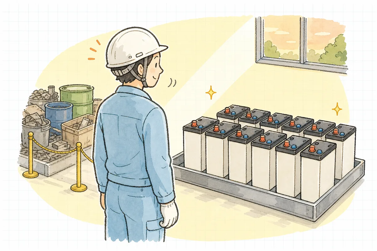 端子を覆った廃バッテリーが受け皿の上に整然と並び、片づいた保管スペースを見渡して安心する担当者