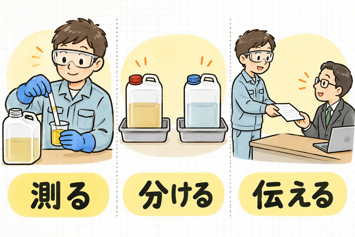 pH試験紙で廃液を測る、酸とアルカリのタンクを別々の受け皿に分けて置く、委託先の担当者に書類を渡す、の3場面を左から右へ並べた図