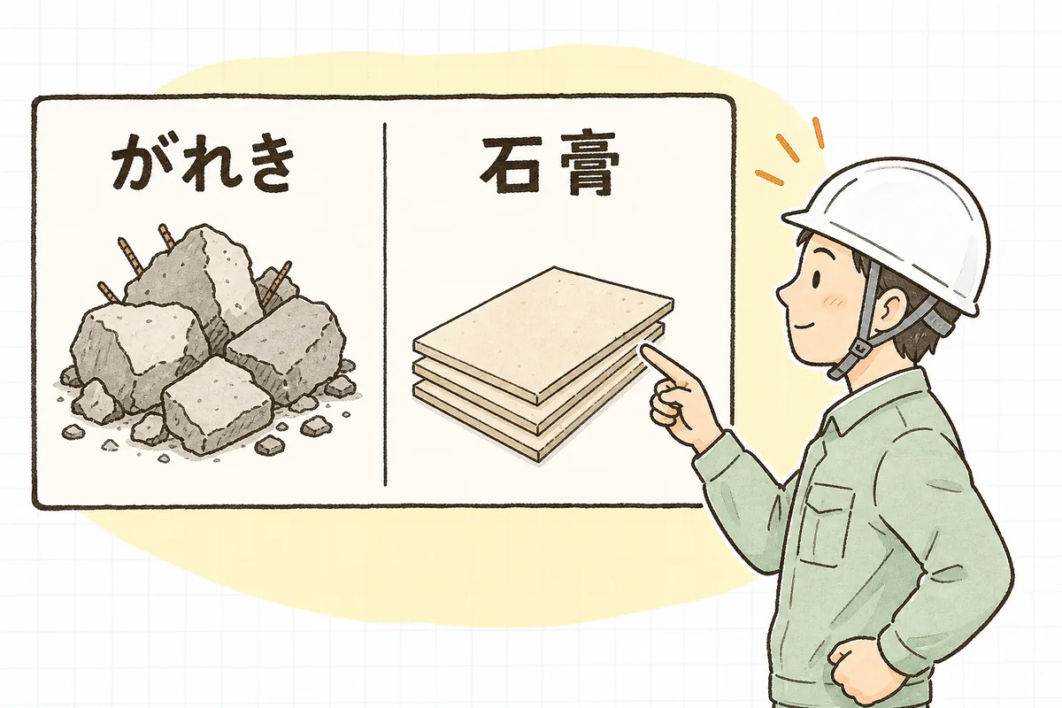安定型のコンクリートがらと廃石膏ボードは別の行き先になる、と分けて考える概念図