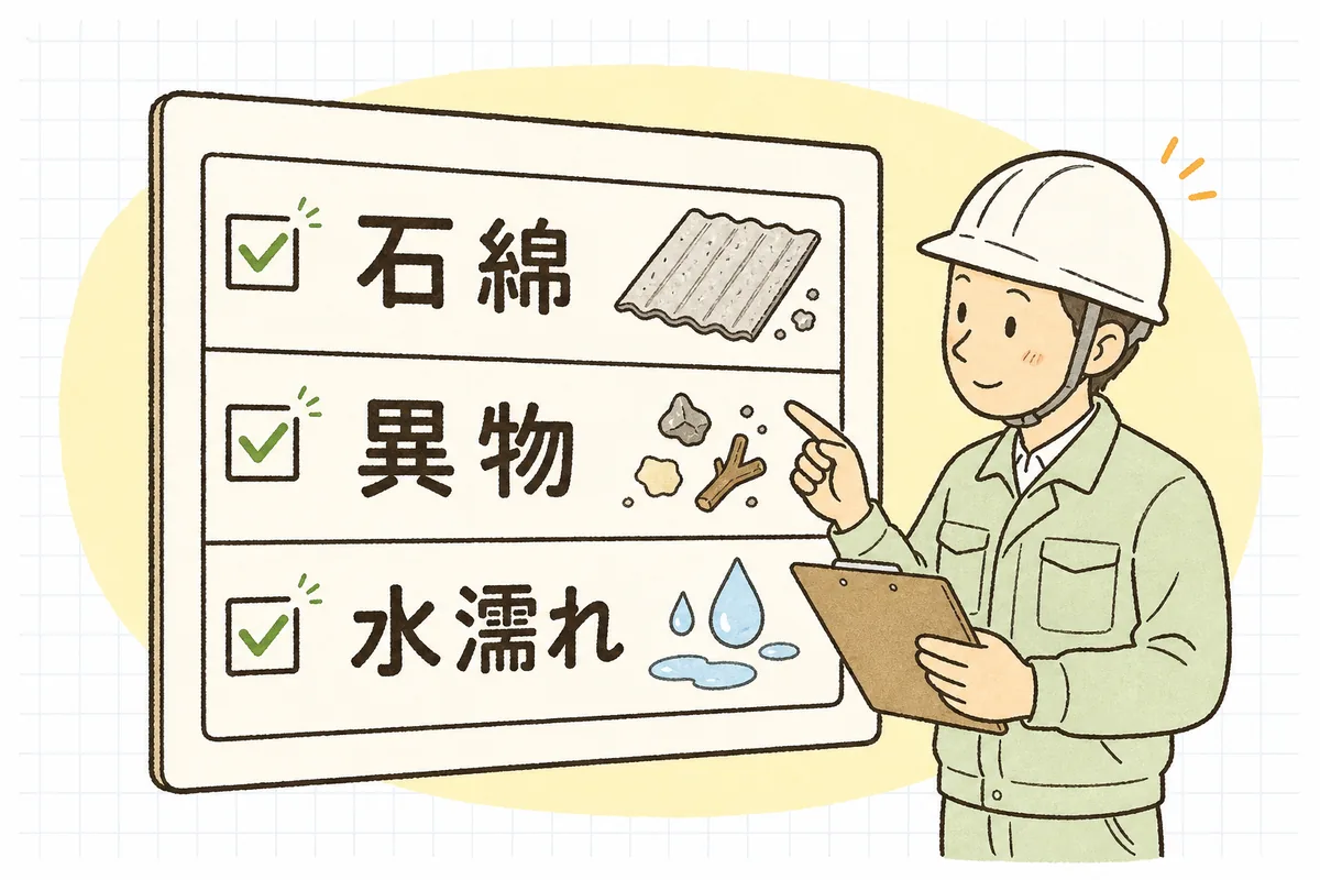 受入れ時に「石綿の有無」「異物の混入」「水濡れ・汚れ」の3点を確認するイメージ図