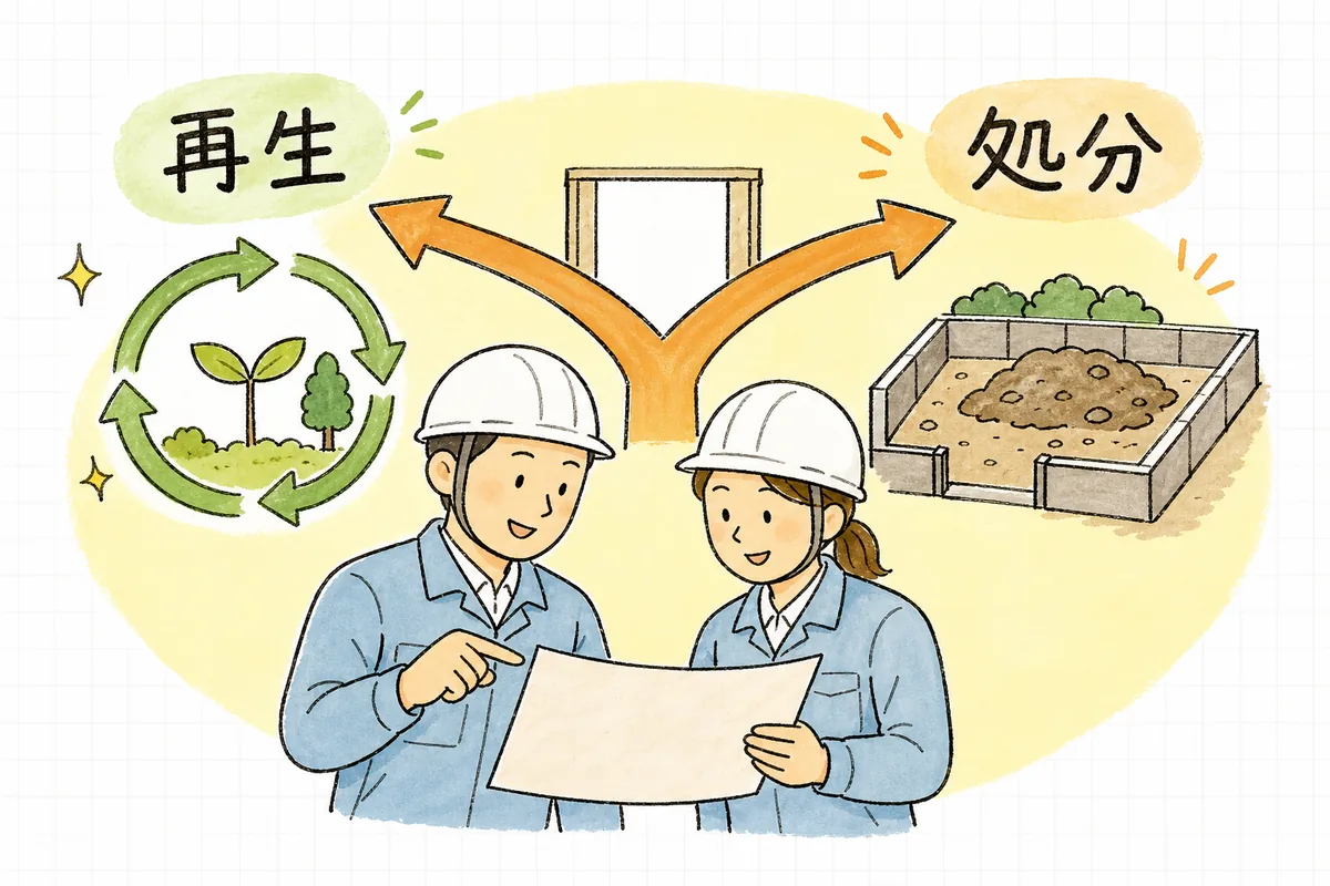 廃石膏ボードが「リサイクル(再生石膏)」と「管理型処分」に分かれて進む行き先の概念図
