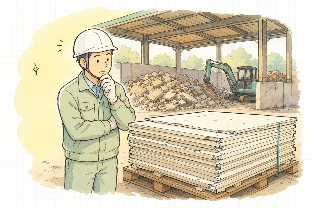 解体現場から運ばれてきた廃石膏ボードの束を前に、これは他のがれきと分けるべきか少し考え込む産廃現場の担当者