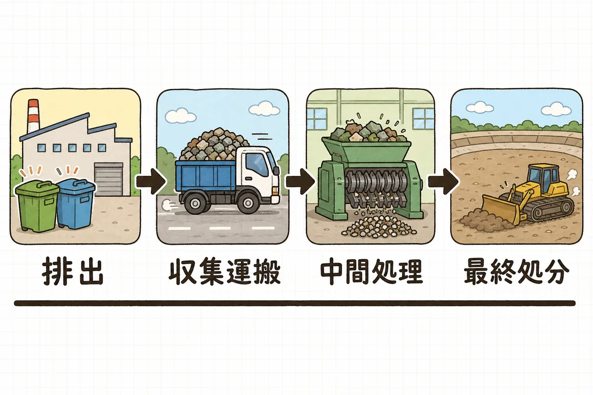 排出から収集運搬・中間処理・最終処分まで、排出事業者の責任が途切れずに続くことを示した横並びの流れ図