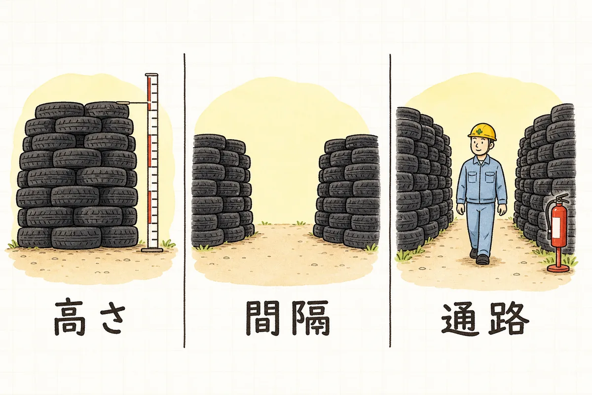廃タイヤの保管で押さえる3つの点を、高さ・間隔・通路の場面に分けて並べた図
