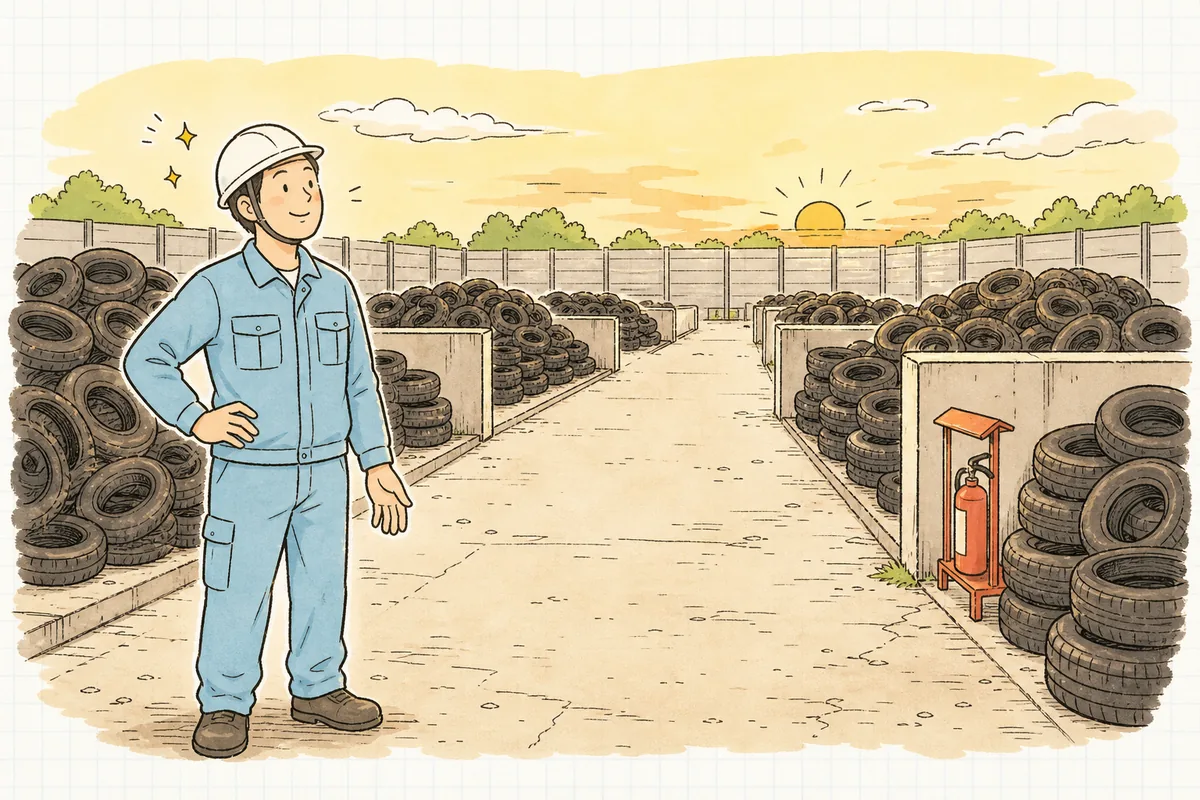 区画ごとに整然と分けて並べられた廃タイヤの置き場を、通路に立って見渡している産廃処理会社の担当者