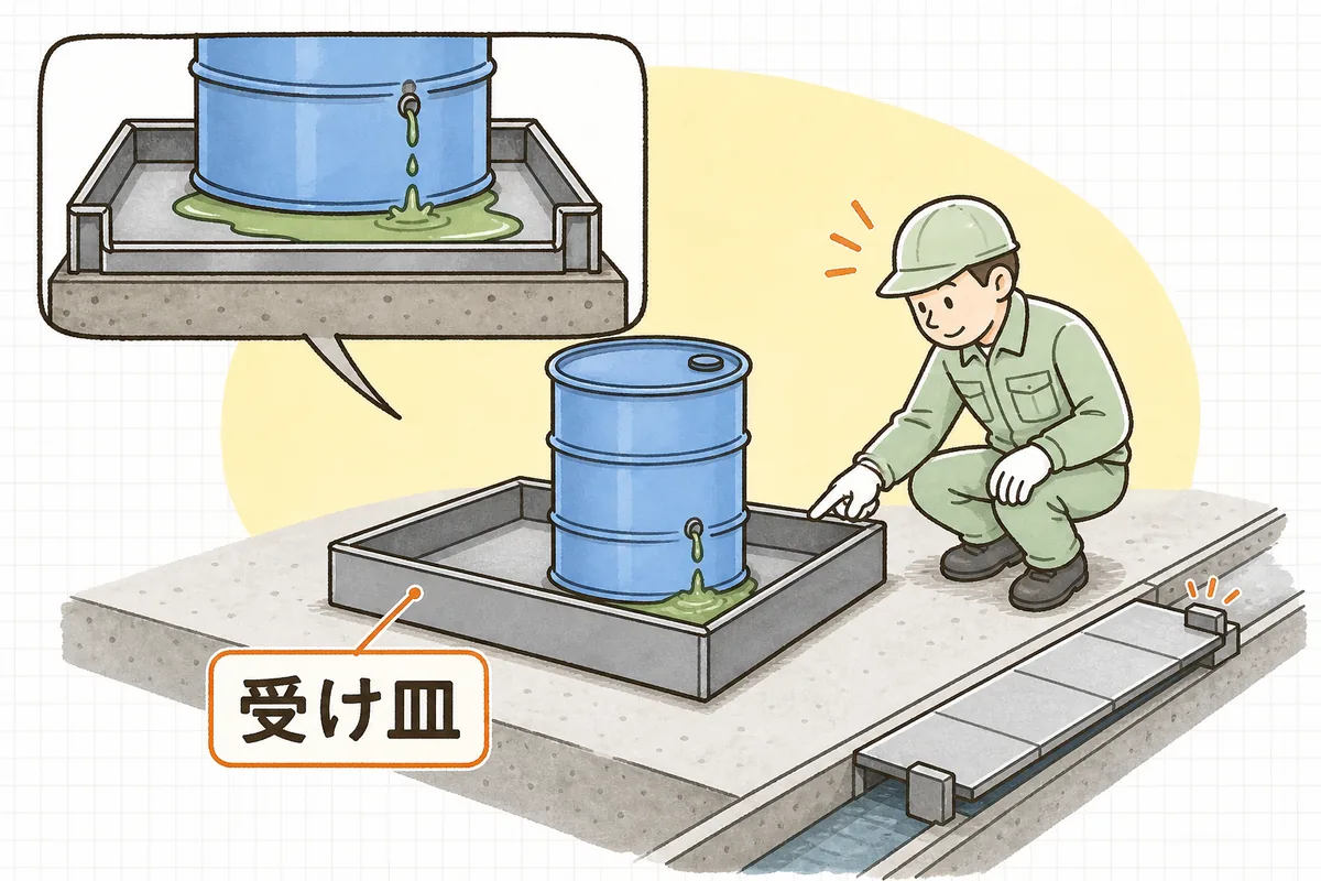 ドラム缶の下に敷かれた受け皿(防液堤)を指さし、こぼれても外に出ない仕組みを確かめる担当者