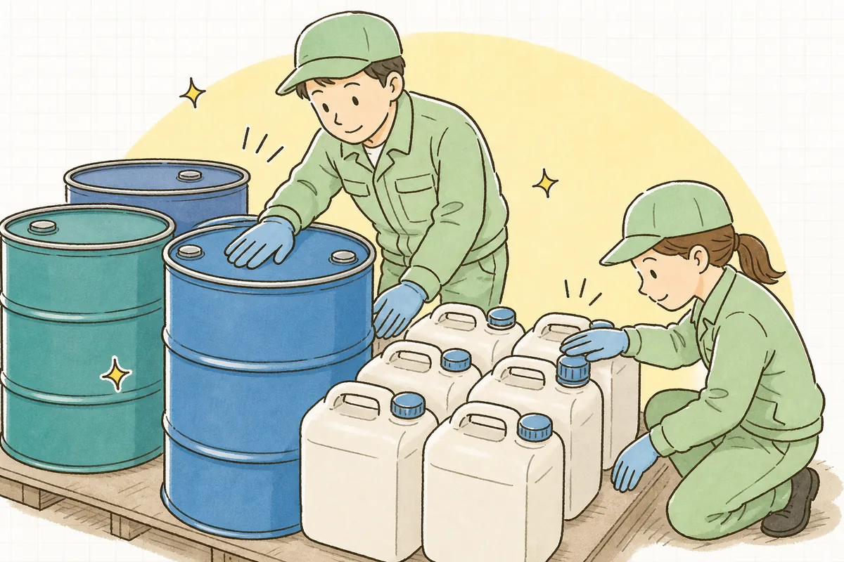 ドラム缶とポリタンクのふたがきちんと閉まっているか、一つずつ手で確かめる担当者