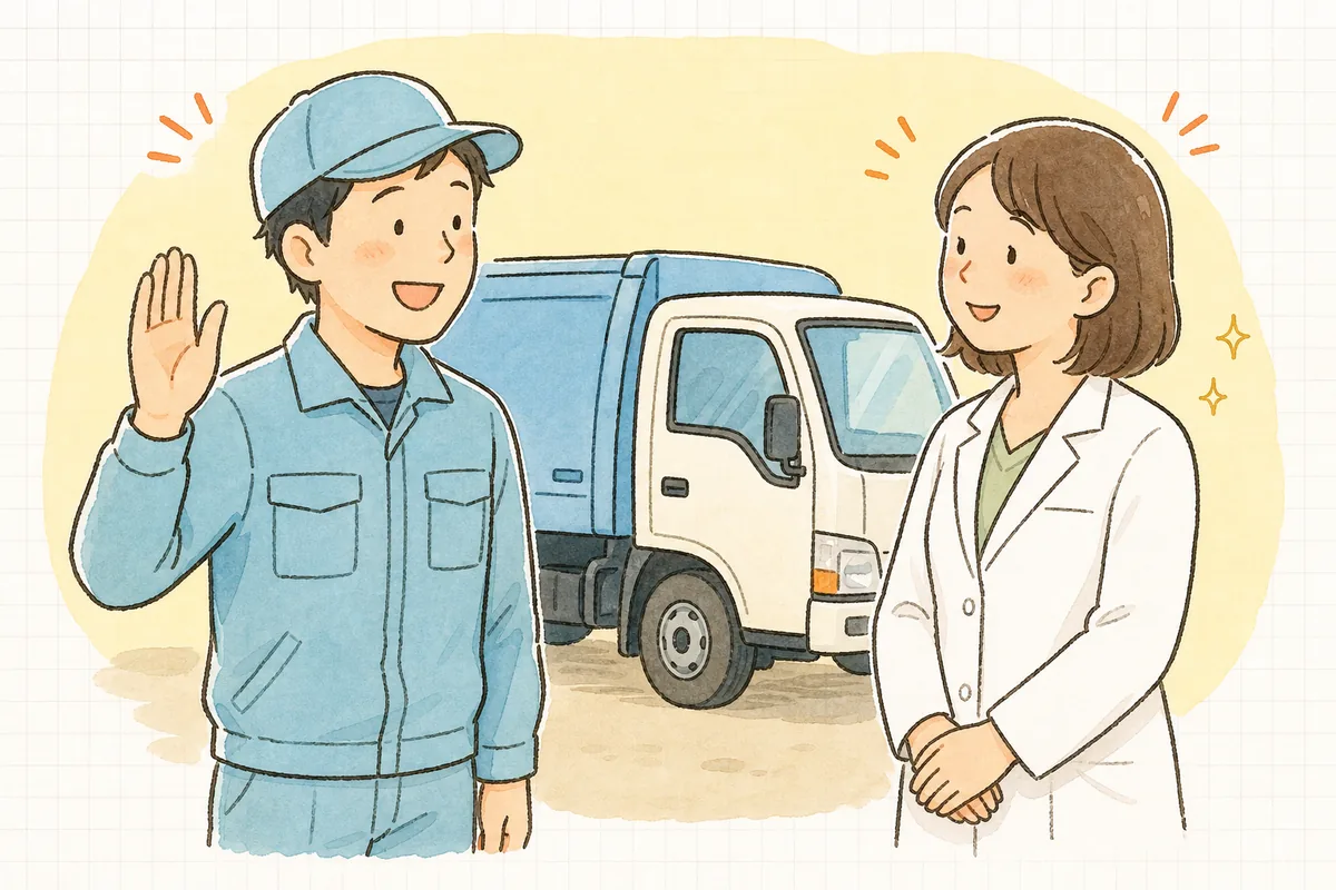 回収を終えた収集車の横で、医療機関の担当者と穏やかに笑顔で言葉を交わす収集運搬の担当者
