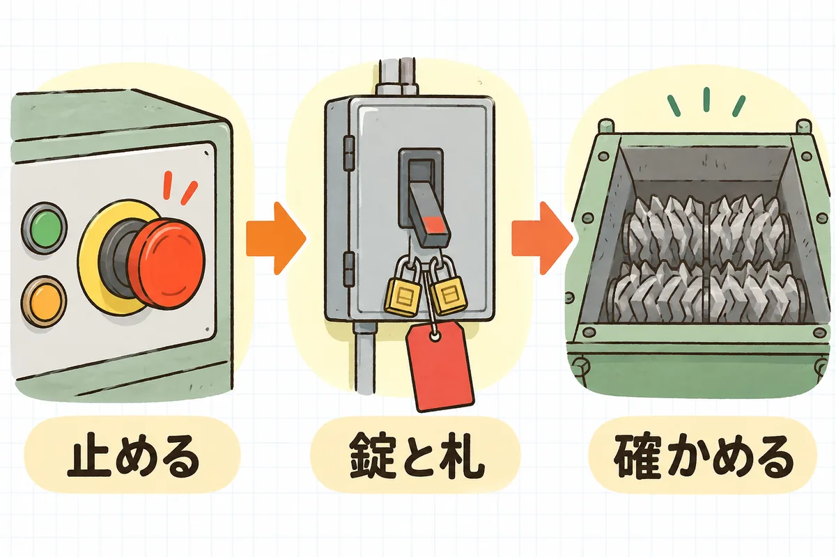 破砕機に近づく前の3つの手順を、左から操作盤の停止ボタン、南京錠と札がかかった主電源、止まった破砕機の刃の3つの場面で示した図