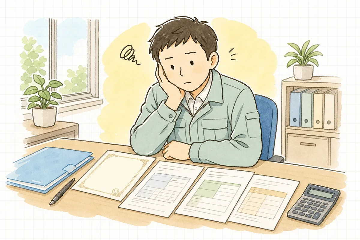 許可証と変更の申請書類を机に広げ、どちらの手続きが必要か迷う産廃の現場担当者