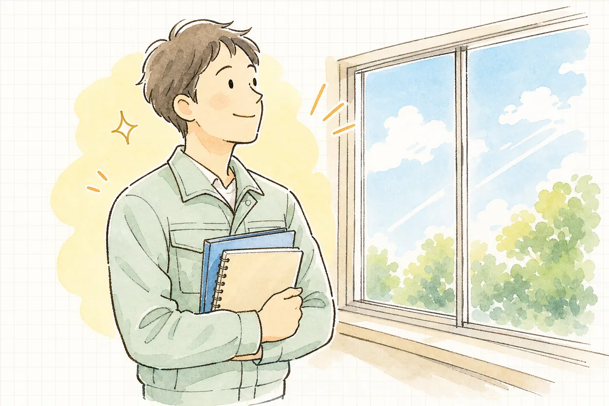 変更手続きの見立てを終え、窓辺で青空を眺めて穏やかに一息つく産廃の現場担当者