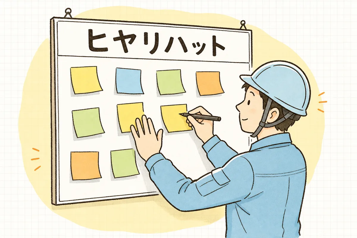 現場の壁に貼られたヒヤリハット記入用のボードに、作業員が付箋で一言書いて貼っている場面