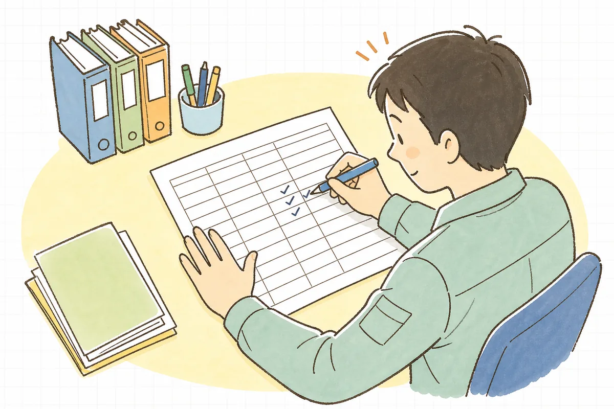 集まったヒヤリハットを一覧に書き留め、繰り返し出ている項目を見返している担当者の手元