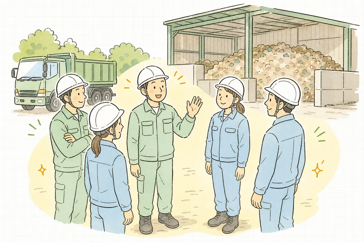 産廃処理施設のヤード前で、作業員数人が輪になって短い朝礼をしている場面。一人が話し、周りが穏やかにうなずいて聞いている