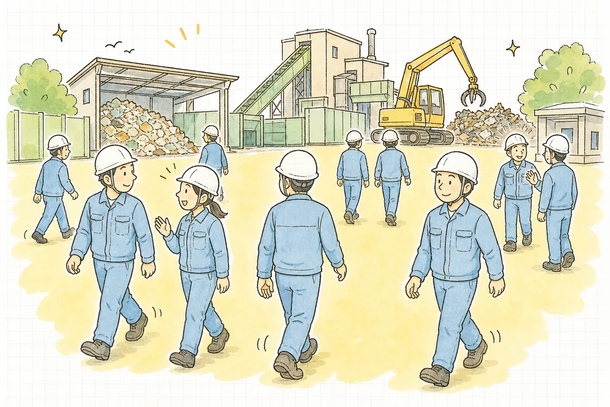 朝礼を終えた作業員たちが、それぞれの持ち場へ向かって歩き出す、明るく前向きな朝の情景