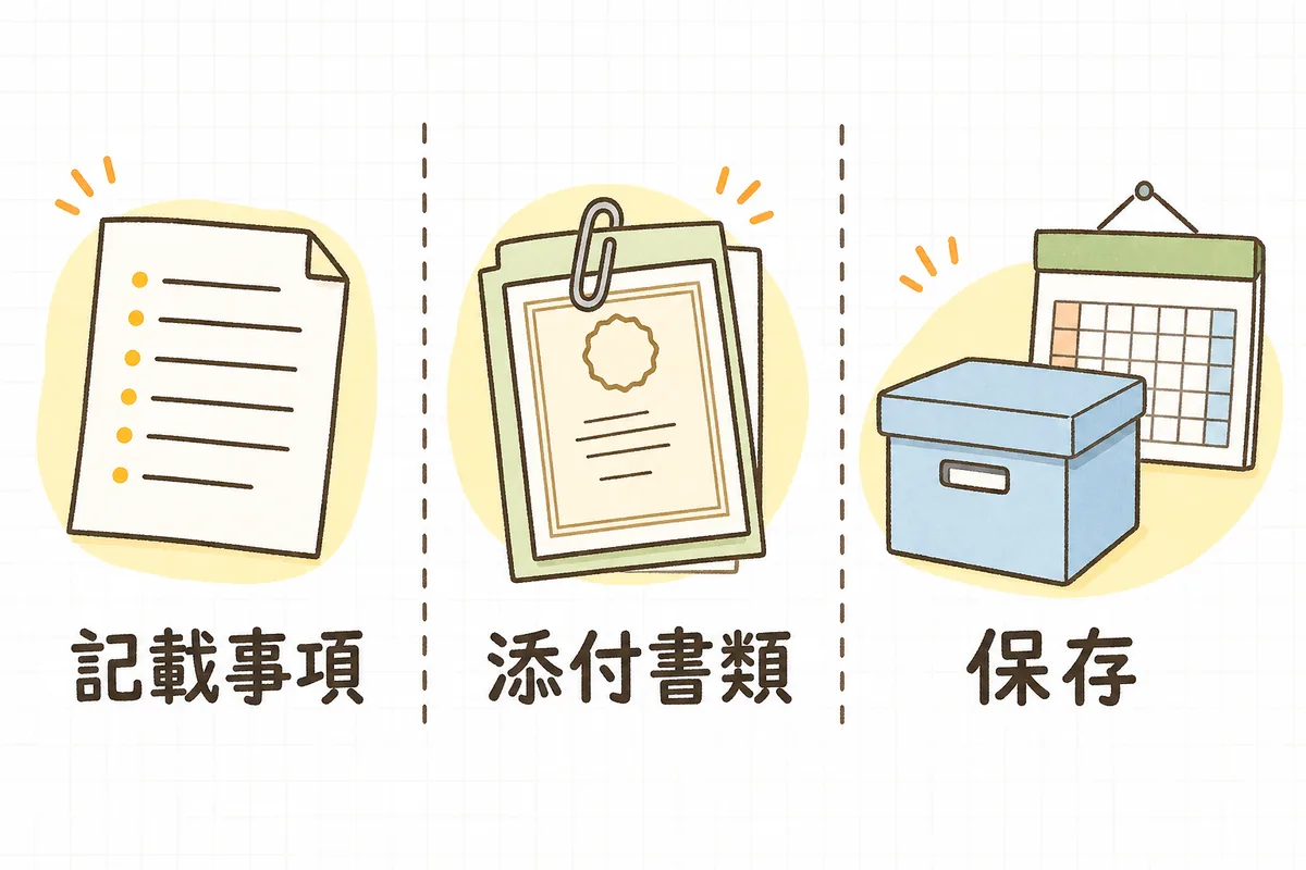 電子契約にしても変わらない3つ(記載事項・添付書類・保存)を横並びのアイコンで示した図
