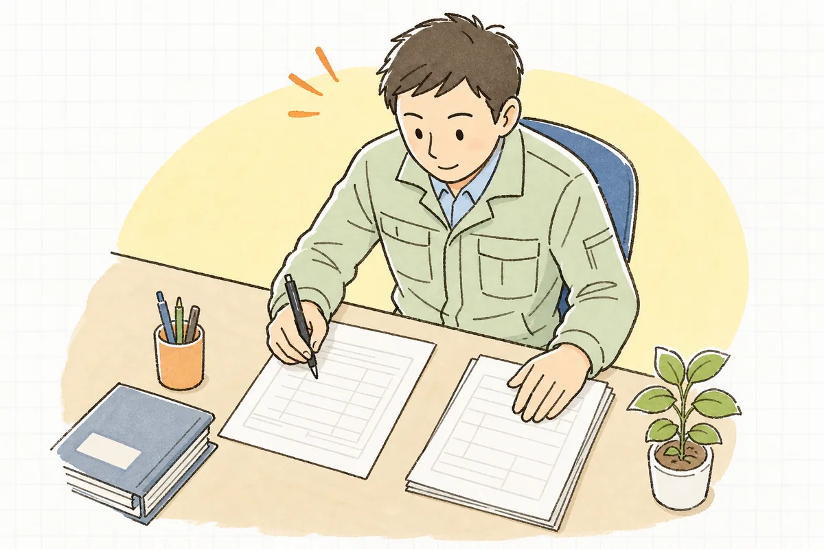 覚書に「変更前・変更後・いつから」を書き込み、元の契約書と照らし合わせる産廃の契約担当者の手元