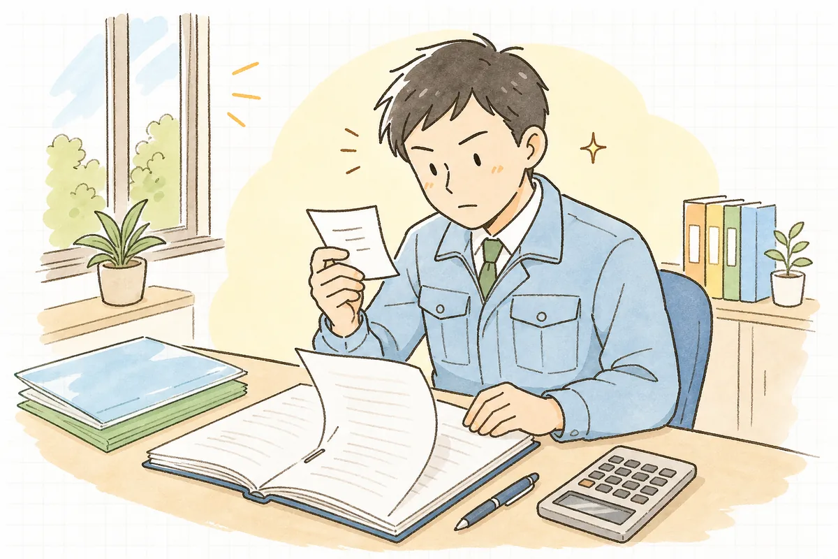処理業者からの単価改定の連絡を受け、既存の委託契約書を開いてどこを直すか考え始める産廃の契約担当者