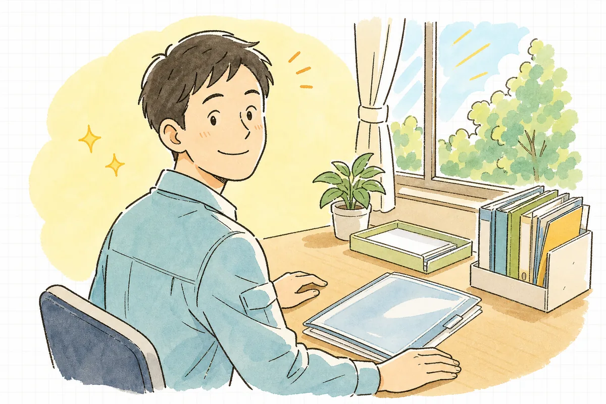 確認を終えた委託契約書をファイルに収め、肩の力が抜けて穏やかな笑みを見せる産廃の現場担当者