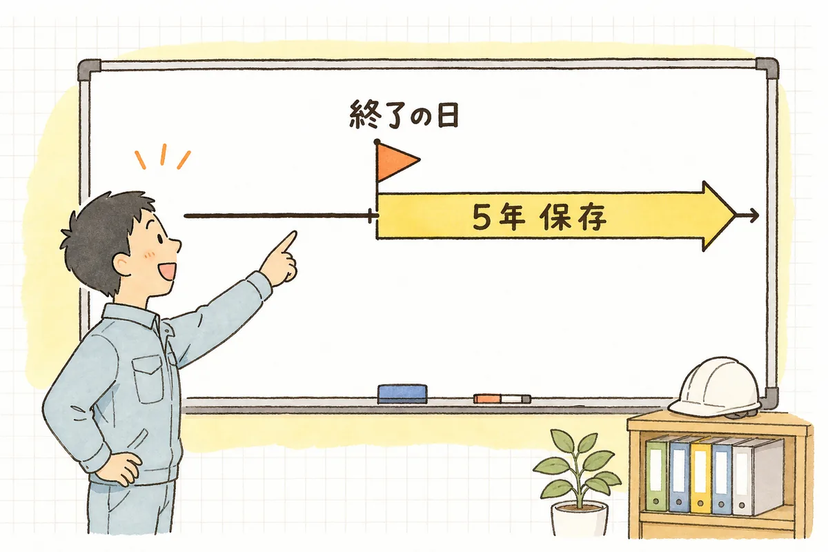 契約の終了の日から5年の保存期間が伸びていく時間の流れを指でたどる産廃の現場担当者