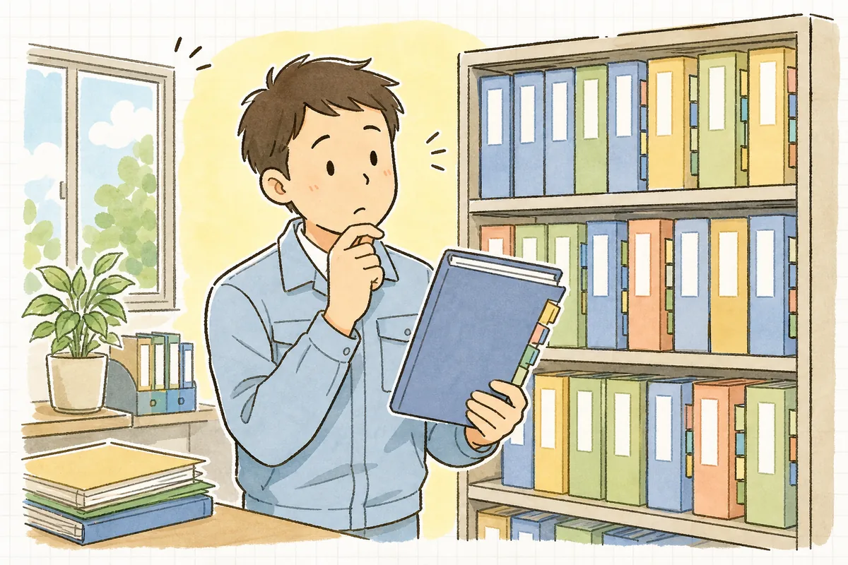 契約が終わったファイルを手に、いつまで保管すればいいか棚の前で確かめる産廃の現場担当者