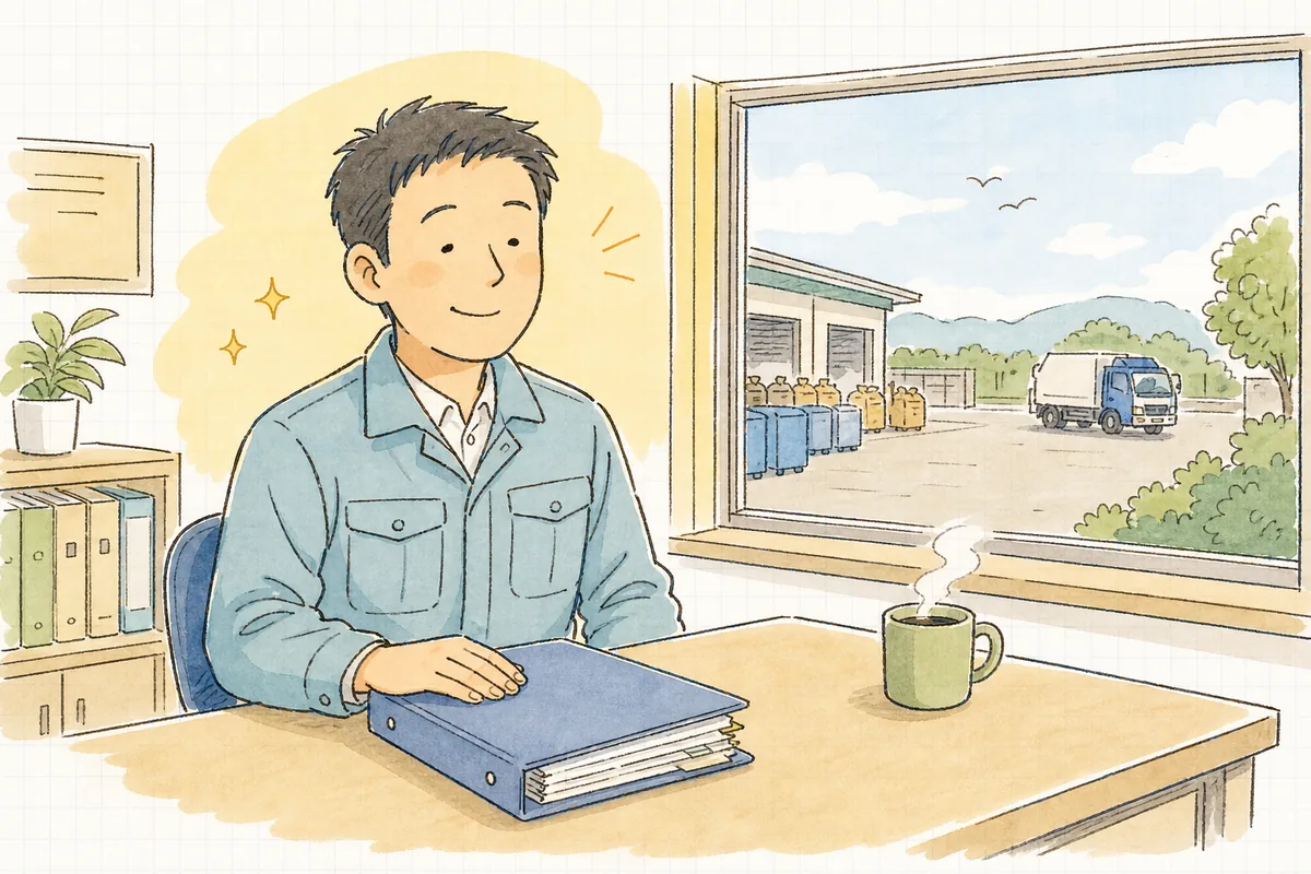 戻ってきた最後の伝票の控えをファイルに綴じ終え、窓辺の机でほっとした笑顔を見せる廃棄物管理の担当者