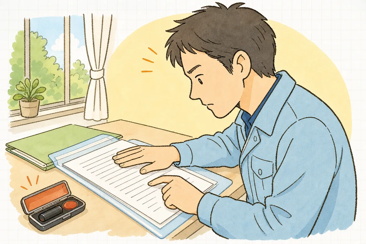 委託契約書のページを指でたどりながら、気を引き締めて読み込む産廃の現場担当者