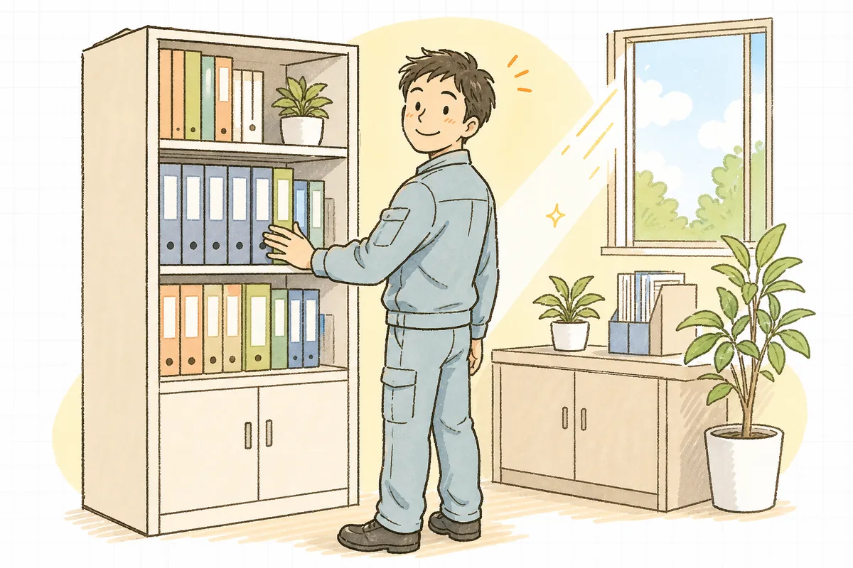 確認を終えた契約書類を書類棚に収め、ほっとした笑みを見せる産廃の現場担当者